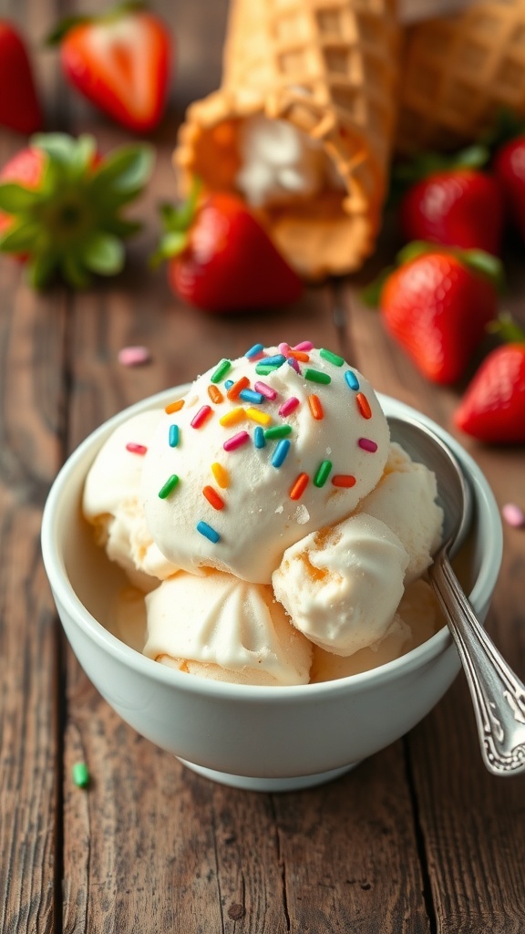 A bowl of vanilla ice cream with sprinkles and strawberries on a wooden table.